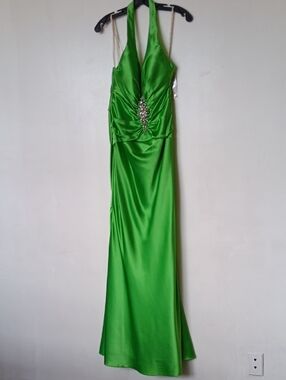 Vintage Lux Satin Lime Green Halter Maxi Dress with Crystal Detail